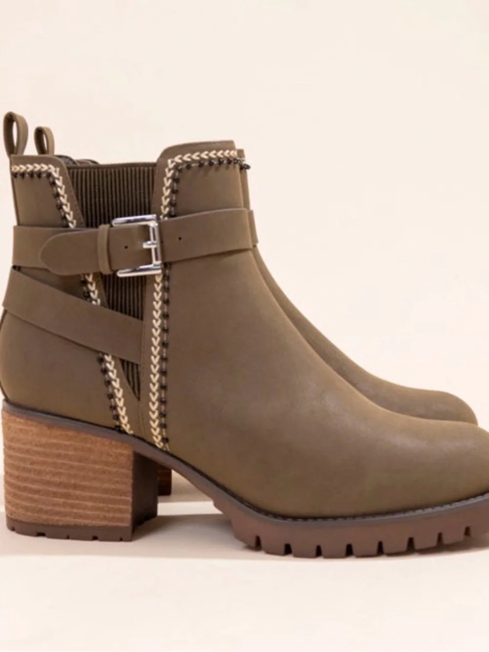 Women's Olive Chunky Ankle Heel Boots  with Decorative Trim. Size 9.